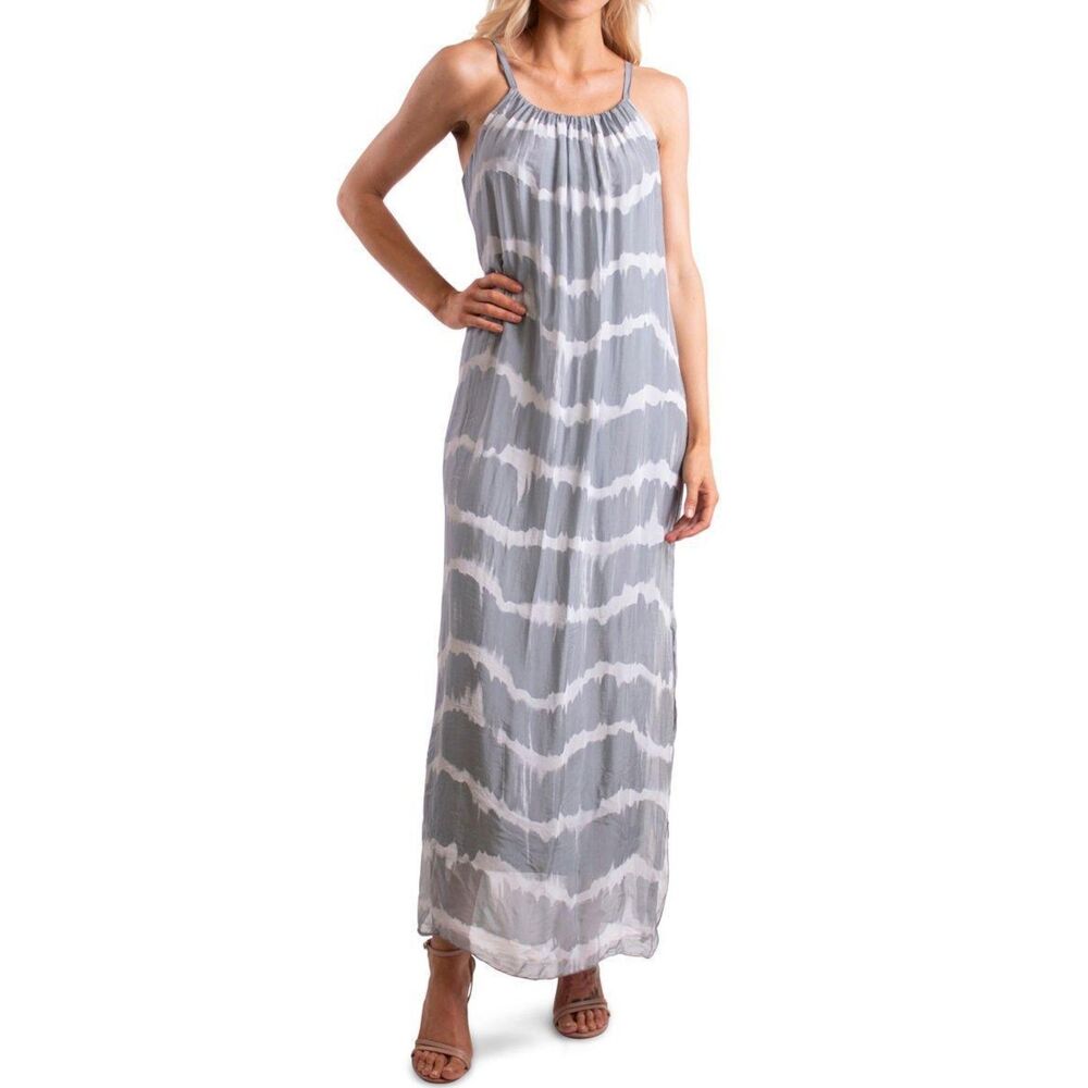 Tempo Paris Tye Dye Silk Blend Maxi Dress Womens M Gray Made in Italy Lined